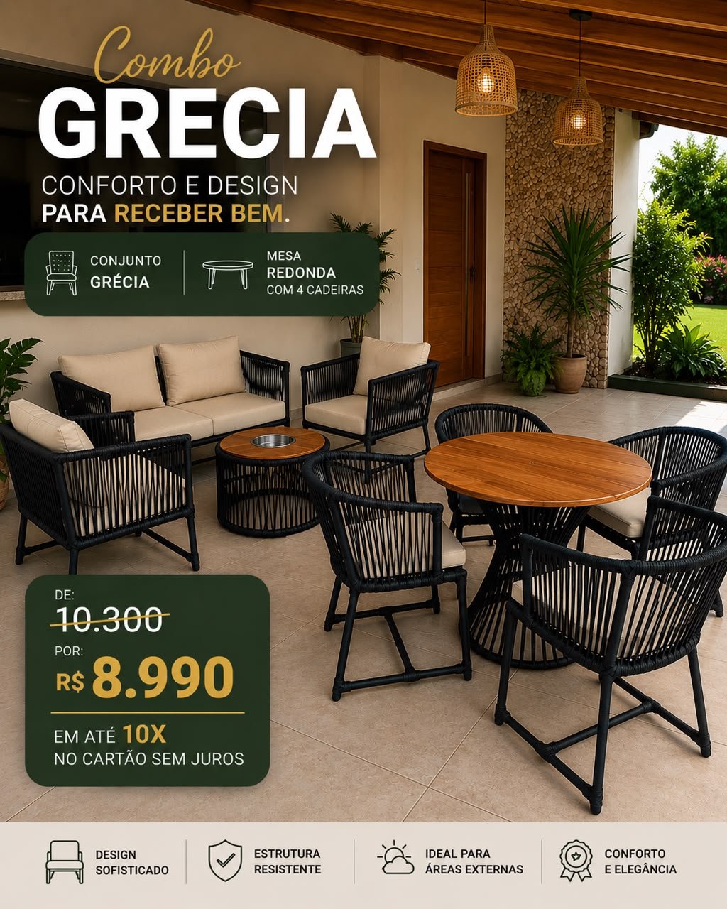 Promoção do Conjunto Grécia com mesa redonda e quatro cadeiras